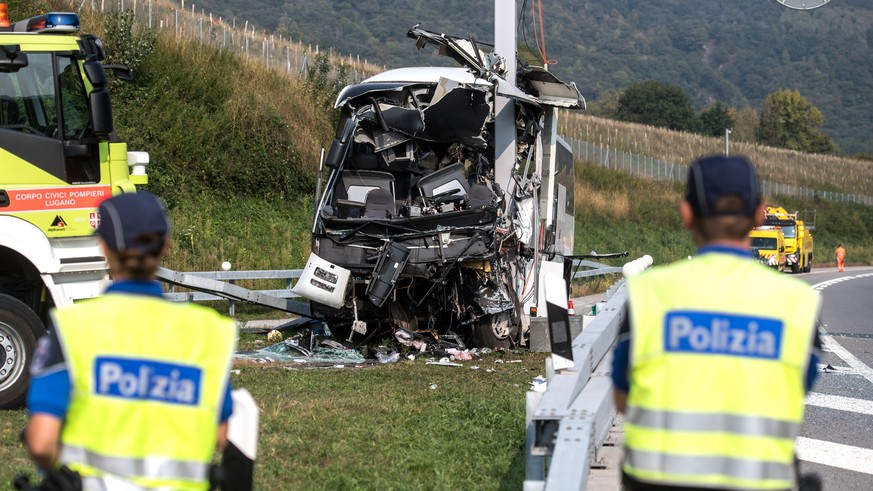 The accident site of a bus registered in Germany that crashed into signal post on the highway A2 in Sigirino, canton of Ticino, Switzerland, on Sunday, October 14, 2018. The A2 highway between Rivera  ...