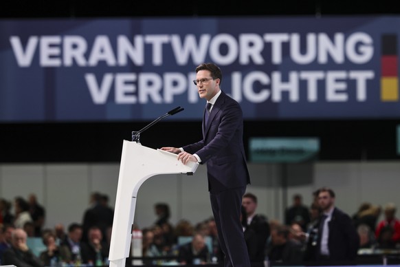 epa12761038 Manuel Hagel, Chairman of the CDU Baden-Wuerttemberg speaks during the 38th Federal party convention of Democratic Union (CDU) party in Stuttgart, Germany, 20 February 2026. The federal pa ...