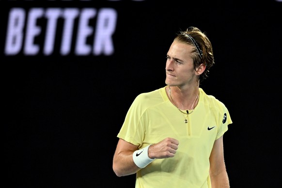 epa10417831 Sebastian Korda of the USA reacts during his match against Daniil Medvedev of Russia at the 2023 Australian Open tennis tournament in Melbourne, Australia, 20 January 2023. EPA/JOEL CARRET ...