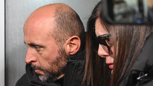 epa12637566 French owners of the bar in Crans-Montana, where the deadly fire happened on New Year's Day, Jacques and Jessica Moretti arrive for questioning by the Valais public prosecutor's  ...