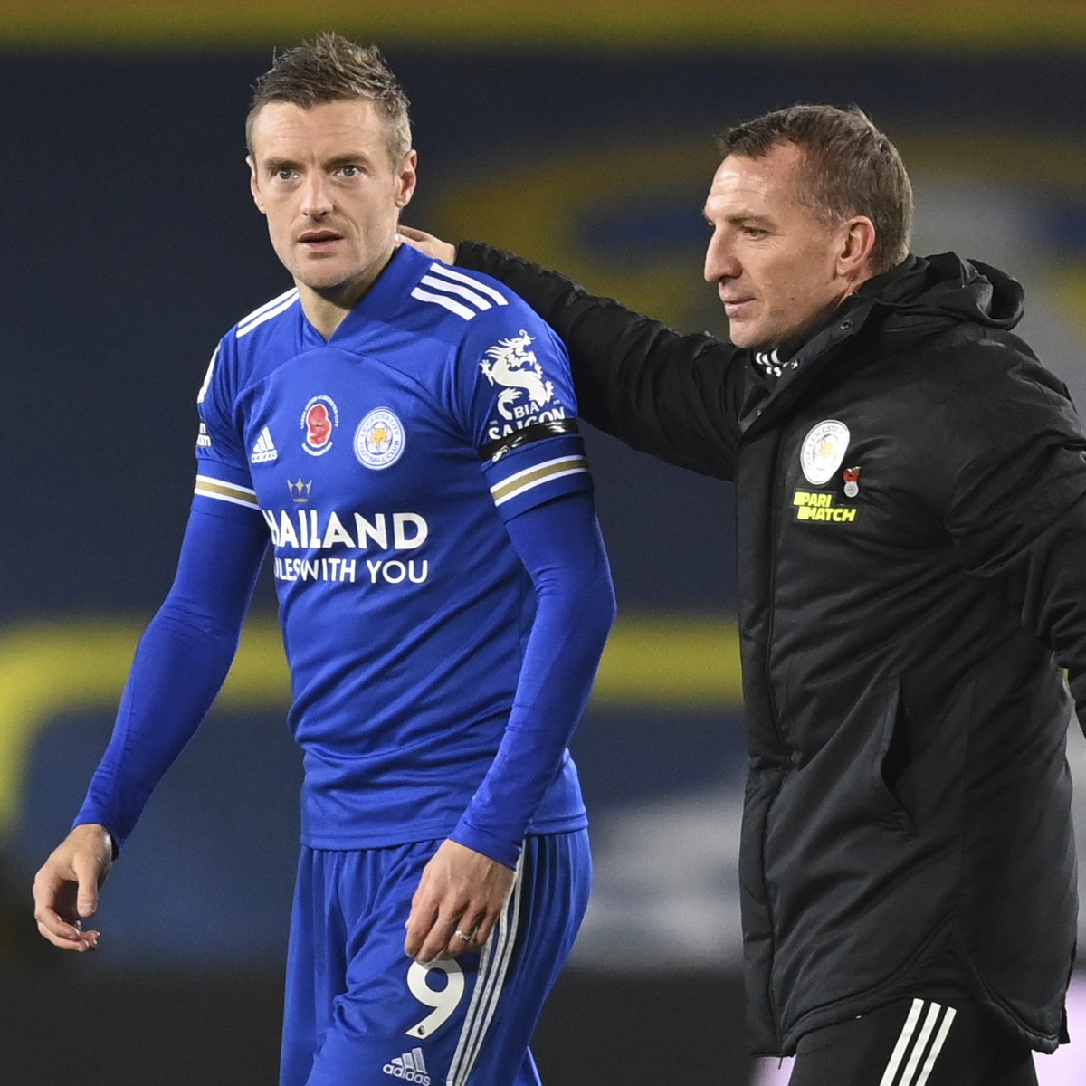Leicester's Jamie Vardy, left and Leicester's manager Brendan Rodgers walk from the pitch after the end of the English Premier League soccer match between Leeds United and Leicester City at  ...