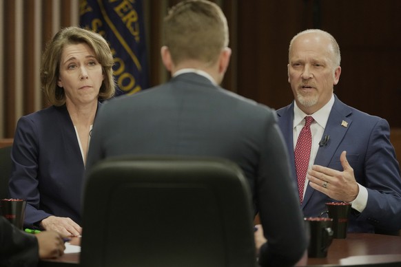 Wisconsin Supreme Court candidates Brad Schimel and Susan Crawford participate in a debate Wednesday, March 12, 2025, in Milwaukee. (AP Photo/Morry Gash)
Wisconsin Supreme Court