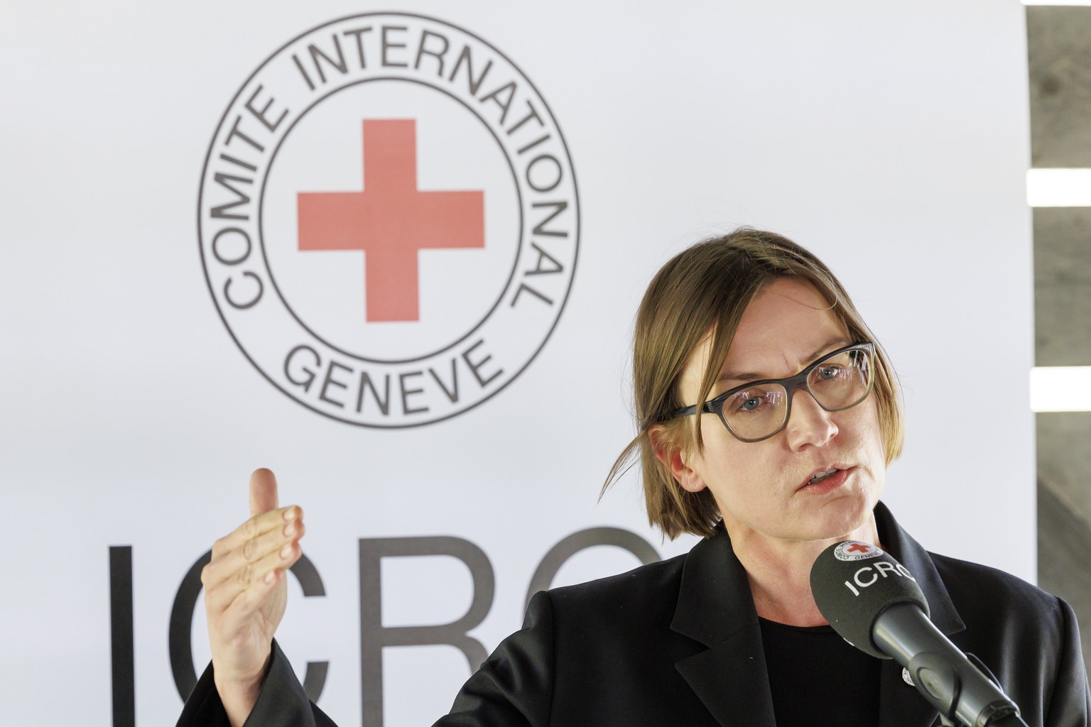 Swiss Mirjana Spoljaric Egger, President of the International Committee of the Red Cross (ICRC), talks to the media during a demonstration of the ICRC's new drone mine detection program,…