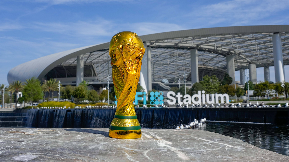 SoFi Stadium World Cup General overall view of a FIFA World Cup, WM, Weltmeisterschaft, Fussball Trophy outside of Stadium on Thursday, Mar 26, 2026, in Inglewood, CA. SoFi Stadium, a.k.a. Los Angeles ...