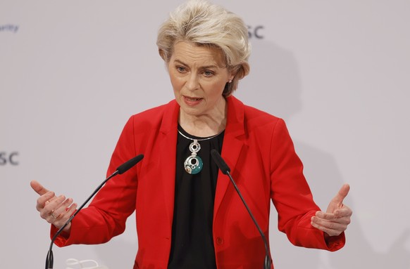 epa09770989 European Commission President Ursula von der Leyen delivers a statement during at the 58th Munich Security Conference (MSC) in Munich, Germany, 19 February 2022. More than 500 high-level i ...