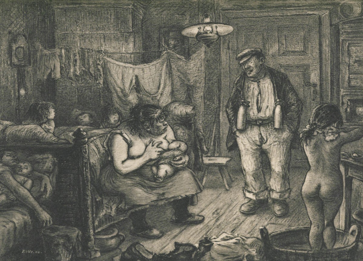Un sous-locataire inopportun. Dessin de Heinrich Zille, 1902.
https://commons.wikimedia.org/wiki/File:Zille_Der-spaete-Schlafbursche_GDR-73-100-6.jpg