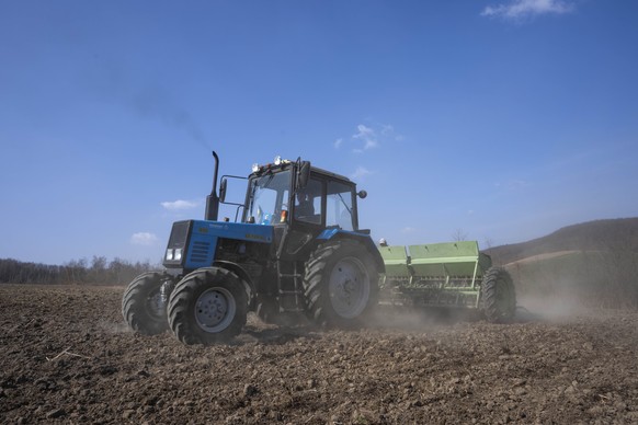 Workers plow wheat on the land belonging to Vasyl Pidhaniak, in Husakiv village, western Ukraine, Saturday, March 26, 2022. Planting season has arrived in Ukraine. Ukraine and Russia account for a thi ...