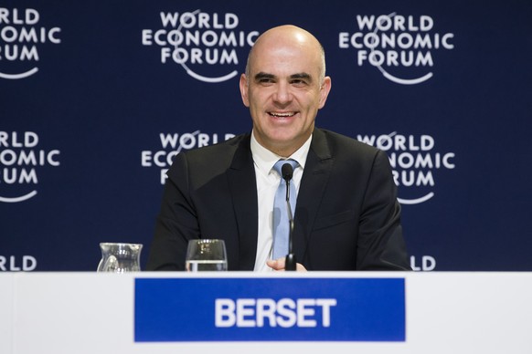 Swiss Federal President Alain Berset speaks during a press conference during the 48th Annual Meeting of the World Economic Forum, WEF, in Davos, Switzerland, Friday, January 26, 2018. The meeting brin ...