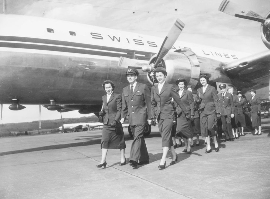 Airport of Zurich-Kloten 31.3.1952: presentation of new Swissair uniforms (Photo by RDB/ullstein bild via Getty Images)