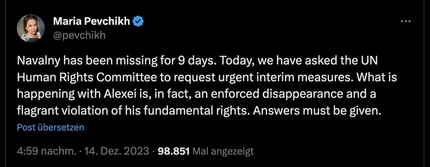 Tweet zum Verschwinden von Alexander Nawalny.