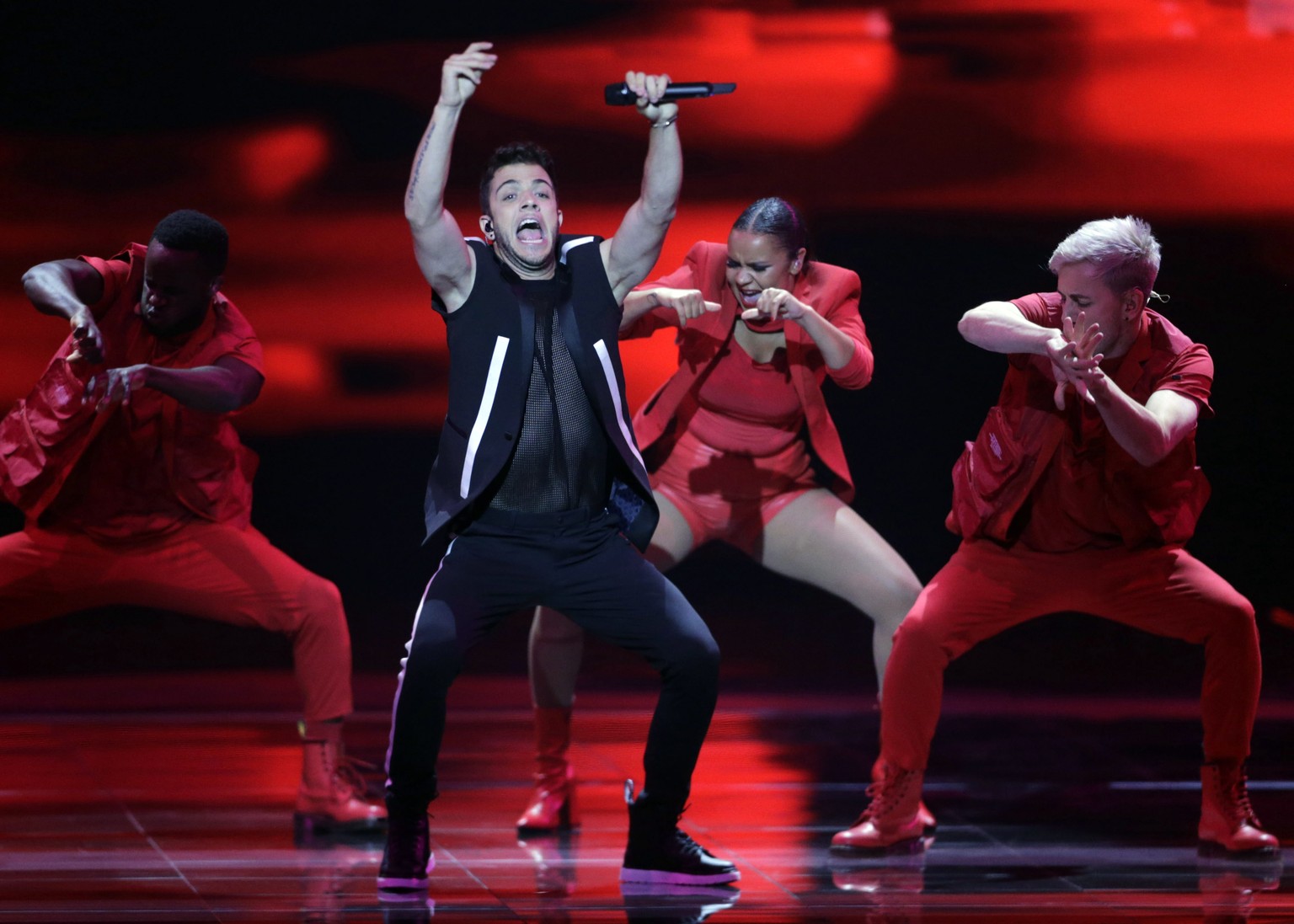 epa07576922 Contestant Luca Haenni of Switzerland performs during the Second Semi-Final of the 64th annual Eurovision Song Contest (ESC) at the Expo Tel Aviv, in Tel Aviv, Israel, 16 May 2019. The Gra ...