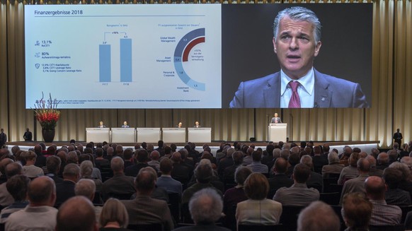 Sergio P. Ermotti, Group Chief Executive Officer of Swiss Bank UBS, pictured during the general assembly of the UBS in Basel, Switzerland, on Thursday, May 2, 2019. (KEYSTONE/Georgios Kefalas)