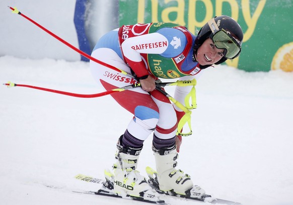 Switzerland&#039;s Lara Gut reacts in the finish area following her run in the women&#039;s World Cup super-G ski race at Lake Louise, Alberta, Sunday, Dec. 4, 2016. (Jeff McIntosh/The Canadian Press  ...