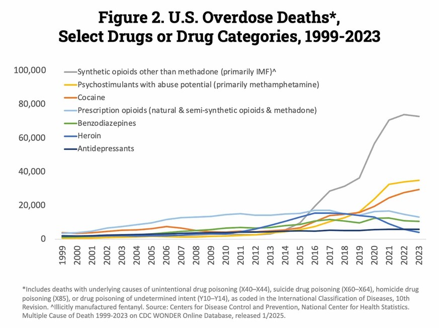 Das Ausmass der US-Drogenkrise: Seit Aufkommen von Fentanyl (grau) Mitte der 10er-Jahre stiegen die Todesfälle in den USA rasant an. Auch die von Meth (gelb) und Kokain (orange).