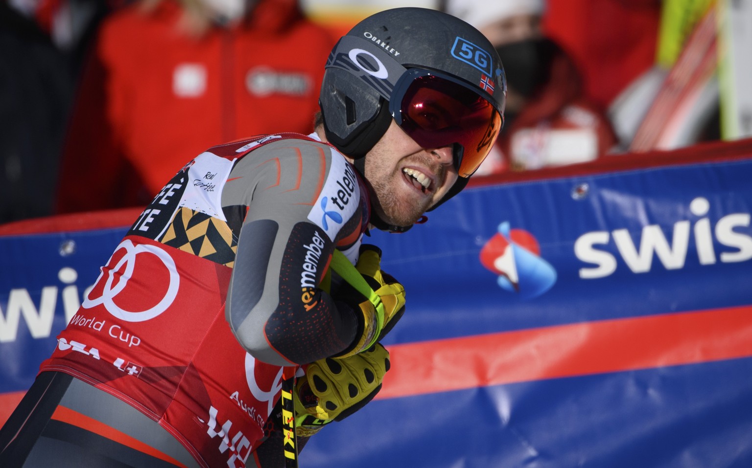 Aleksander Aamodt Kilde of Norway reacts in the finish area during the men&#039;s downhill race at the Alpine Skiing FIS Ski World Cup in Wengen, Switzerland, Saturday, January 15, 2022. (KEYSTONE/Pet ...