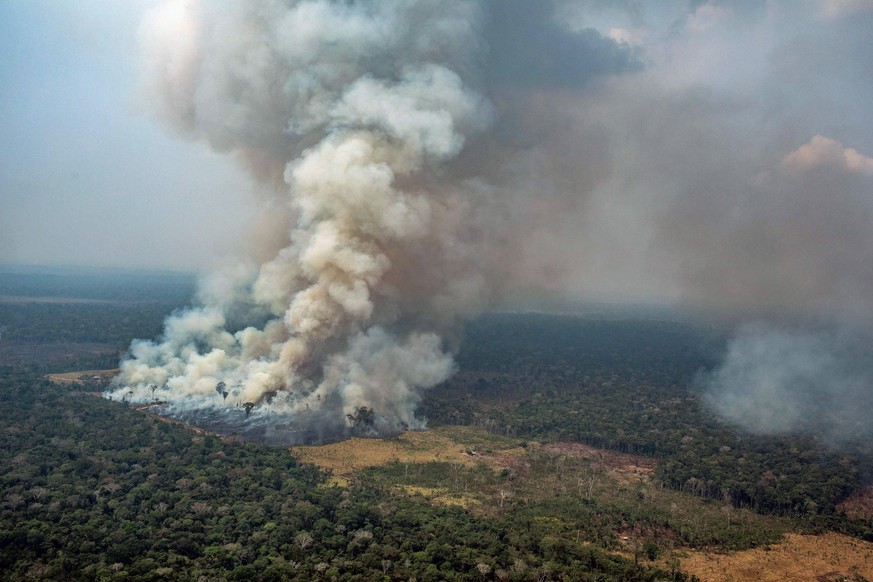 epa07792911 A handout photo made available by Greenpeace Brazil showing smoke rising from the fire at the Amazon forest in Novo Progresso in the state of Para, Brazil, 23 August 2019. EPA/Victor Moriy ...