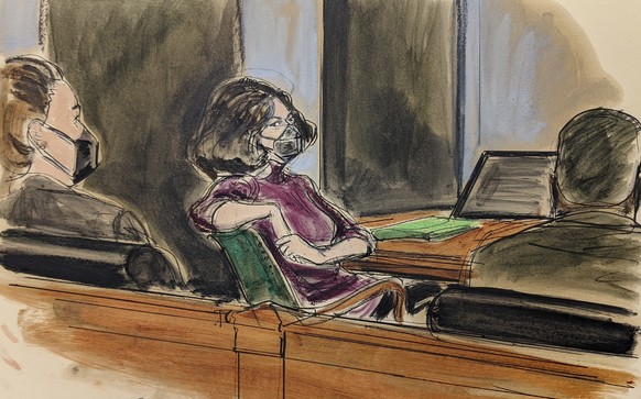 In this courtroom sketch, Ghislaine Maxwell, center, sits in the courtroom during a discussion about a note from the jury, during her sex trafficking trial, Wednesday, Dec. 29, 2021, in New York. (AP  ...