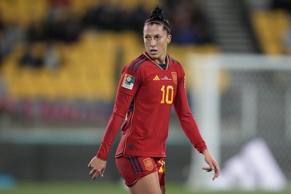 FILE - Spain&#039;s Jennifer Hermoso reacts after missing a scoring chance during the Women&#039;s World Cup Group C soccer match between Japan and Spain in Wellington, New Zealand, on July 31, 2023.  ...