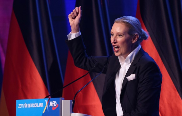 epaselect epa11852263 Alternative for Germany (AfD) party and faction co-chairwoman and top candidate for the federal election Alice Weidel delivers a speech during election campaign launch in Halle,  ...