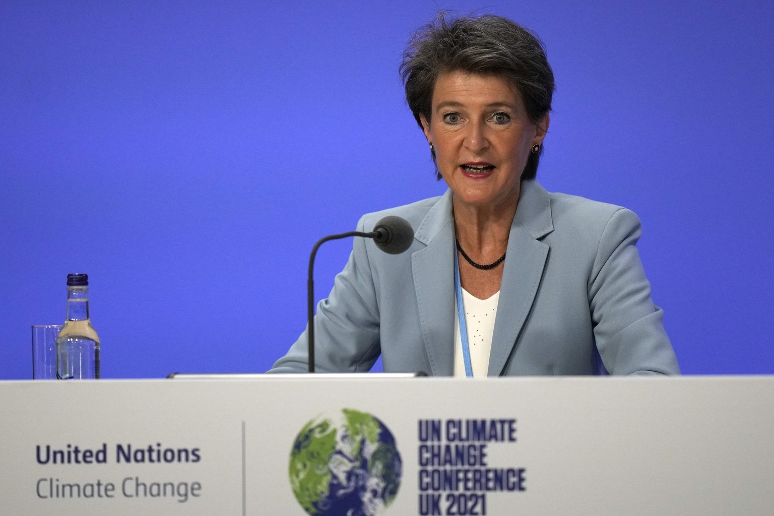Simonetta Sommaruga, a member of the Swiss Federal Council speaks at the COP26 U.N. Climate Summit in Glasgow, Scotland, Thursday, Nov. 11, 2021. (AP Photo/Alastair Grant)