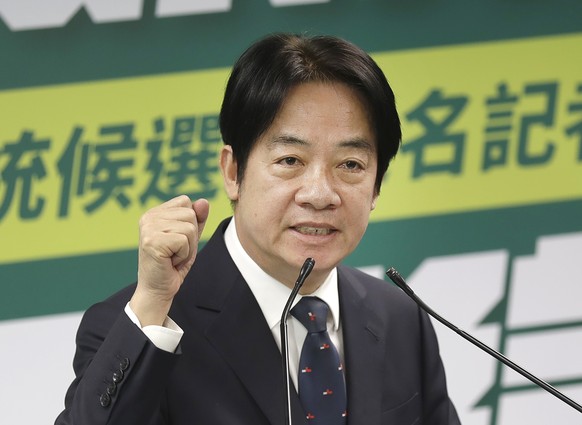 Taiwan's Vice President Lai Ching-te, also known as William Lai, delivers a speech at a press conference in Taipei, Taiwan, Wednesday, April 12, 2023. Taiwan's pro-independence ruling Democra...