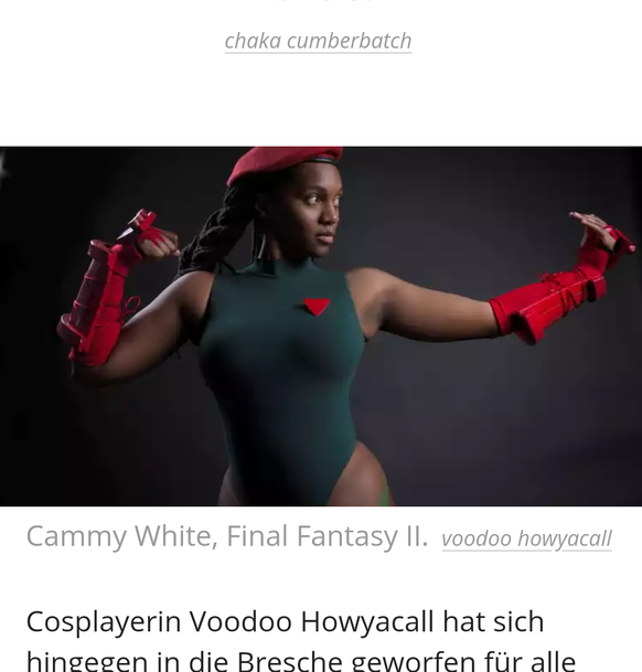 «Black Cosplay» – wenn aus Spass plötzlich bitterer Ernst wird
Cammy ist aus Street Fighter, nicht aus Final Fantasy. Nur so am Rande...