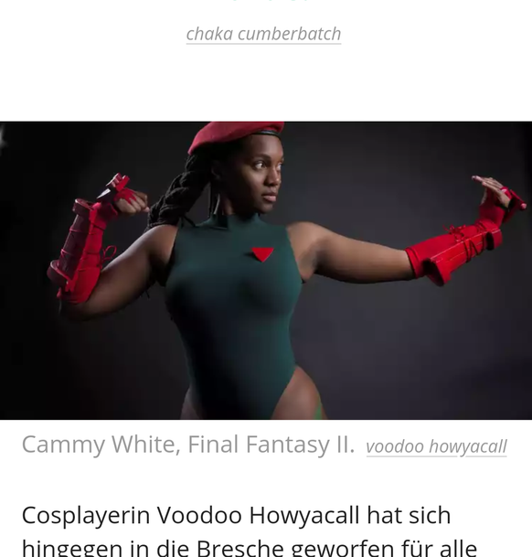 Â«Black CosplayÂ» â wenn aus Spass plÃ¶tzlich bitterer Ernst wird
Cammy ist aus Street Fighter, nicht aus Final Fantasy. Nur so am Rande...