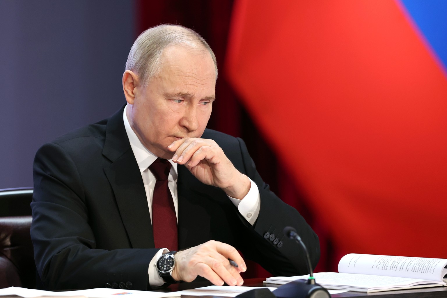 epa11255675 Russian President Vladimir Putin attends an annual extended meeting of the Interior Ministry Board in Moscow, Russia, 02 April 2024. The Russian president urged, among other things, law en ...