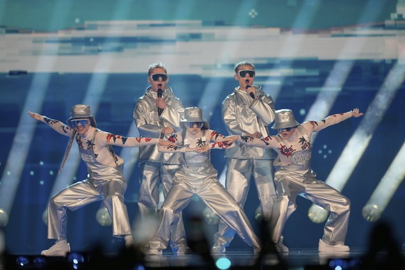 VAEB from Iceland performs the song &quot;ROA&quot; during the dress rehearsal for the first semi-final of the 69th Eurovision Song Contest, in Basel, Switzerland, Monday, May 12, 2025. (AP Photo/Mart ...