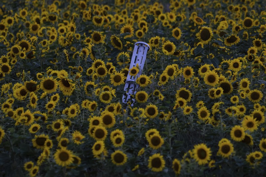FILE - A cluster ammunition rocket lies on a sunflower field at sunset, in the recently retaken area of Kharkiv region, Ukraine, on Sept. 23, 2022. Backers of an international agreement that bans clus ...