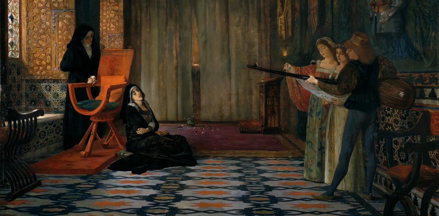 Zuflucht fand Johanna allein in der Musik. Sie hatte am Hof in Spanien eine humanistische Bildung genossen. Gemälde von&nbsp;Vicente Palmaroli, 1884.