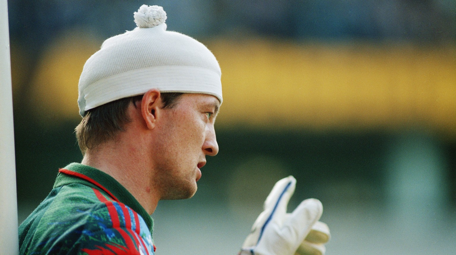 Faroe Islands goalkeeper Jens Martin Knuden, wearing his bobble hat, 22nd May 1993 (Photo by Steve Morton/Getty Images)