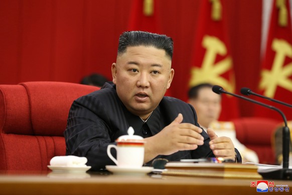 epa09281624 A photo released by the official North Korean Central News Agency (KCNA) released on 18 June 2021 shows North Korean Supreme Leader Kim Jong-un speaking on the third day sitting of the 3rd ...