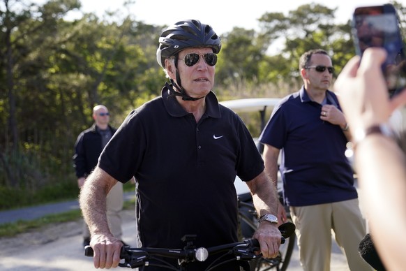 President Joe Biden speaks to members of the media as he goes on a bike ride in Gordons Pond State Park in Rehoboth Beach, Del., Sunday, May 14, 2023. (AP Photo/Carolyn Kaster)
Joe Biden