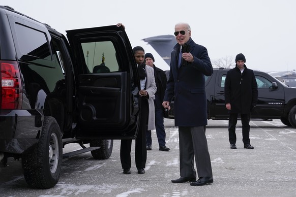 President Joe Biden answers a reporter&#039;s question after stepping off Air Force One, Saturday, Feb. 4, 2023, at Hancock Field Air National Guard Base in Syracuse, N.Y. Biden is in Syracuse to visi ...