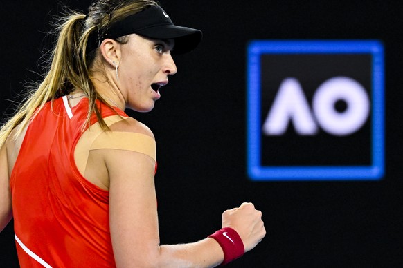 epa09691061 Paula Badosa of Spain reacts during her first Round Women&#039;s singles match against Ajla Tomljanovic of Australia on Day 1 of the Australian Open tennis tournament, at Melbourne Park, i ...