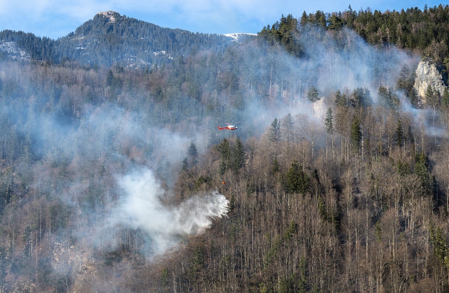 Helikopter bekaempfen mit Wasser einen Waldbrand im Ortsteil Hausen, am Sonntag, 13. Maerz 2022, in Meiringen. Starker Foehn erschwert die Loescharbeiten. (KEYSTONE/Peter Schneider)