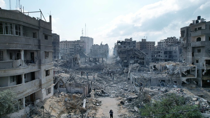 GAZA CITY, GAZA - OCTOBER 10: An aerial view of damaged buildings aftermath of Israeli airstrikes at Er-Rimal neighborhood in Gaza Strip, Gaza on October 10, 2023. (Photo by Ashraf Amra/Anadolu via Ge ...