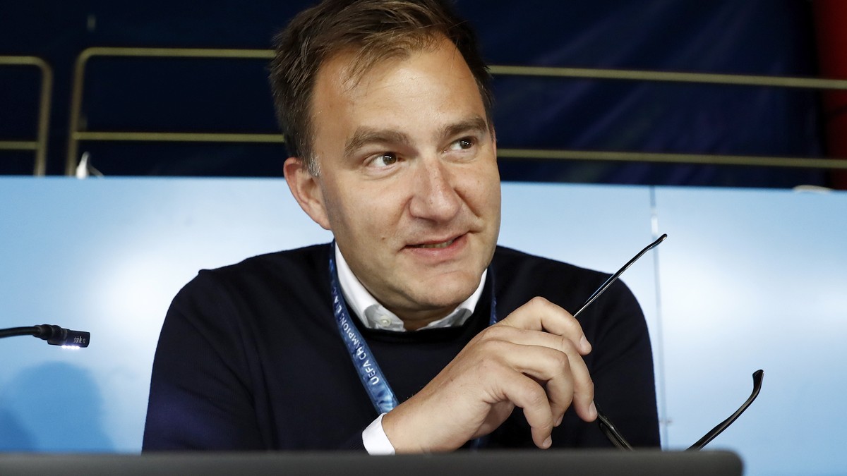 Sascha Ruefer, Swiss sports moderator for the Swiss TV SRF, looks on prior to the 2018 Fifa World Cup Russia group B qualification soccer match between Switzerland and Hungary in the St. Jakob-Park st ...