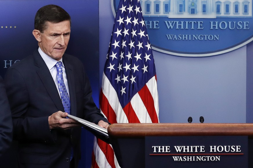 In this Feb. 1, 2017, photo, then - National Security Adviser Michael Flynn arrives to speak at the daily news briefing at the White House, in Washington. Flynn turned over about 600 pages of document ...