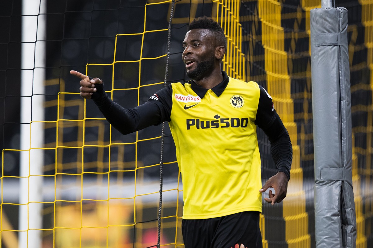 Young Boys' Jean-Pierre Nsame celebrates after scoring the 3-0 during a UEFA Europa League play off soccer match between Switzerland's BSC Young Boys Bern and Albania's KF Tirana, on Th ...