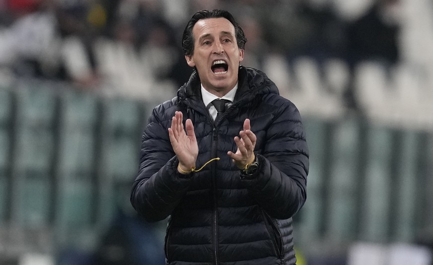 Villarreal&#039;s manager Unai Emery gestures during the Champions League, round of 16, second leg soccer match between Juventus and Villarreal at the Allianz stadium in Turin, Italy, Wednesday, March ...