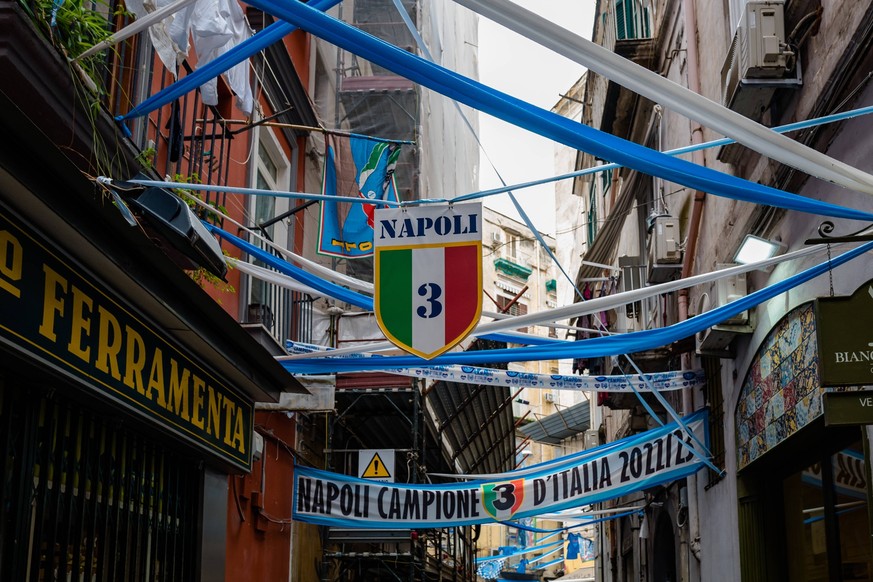 Naples Spanish Quarters Decked Out In Festivities In Naples, Italy, banners and phrases dedicated to Napoli s almost certain Scudetto in the Serie A soccer championship are being festively decked out  ...