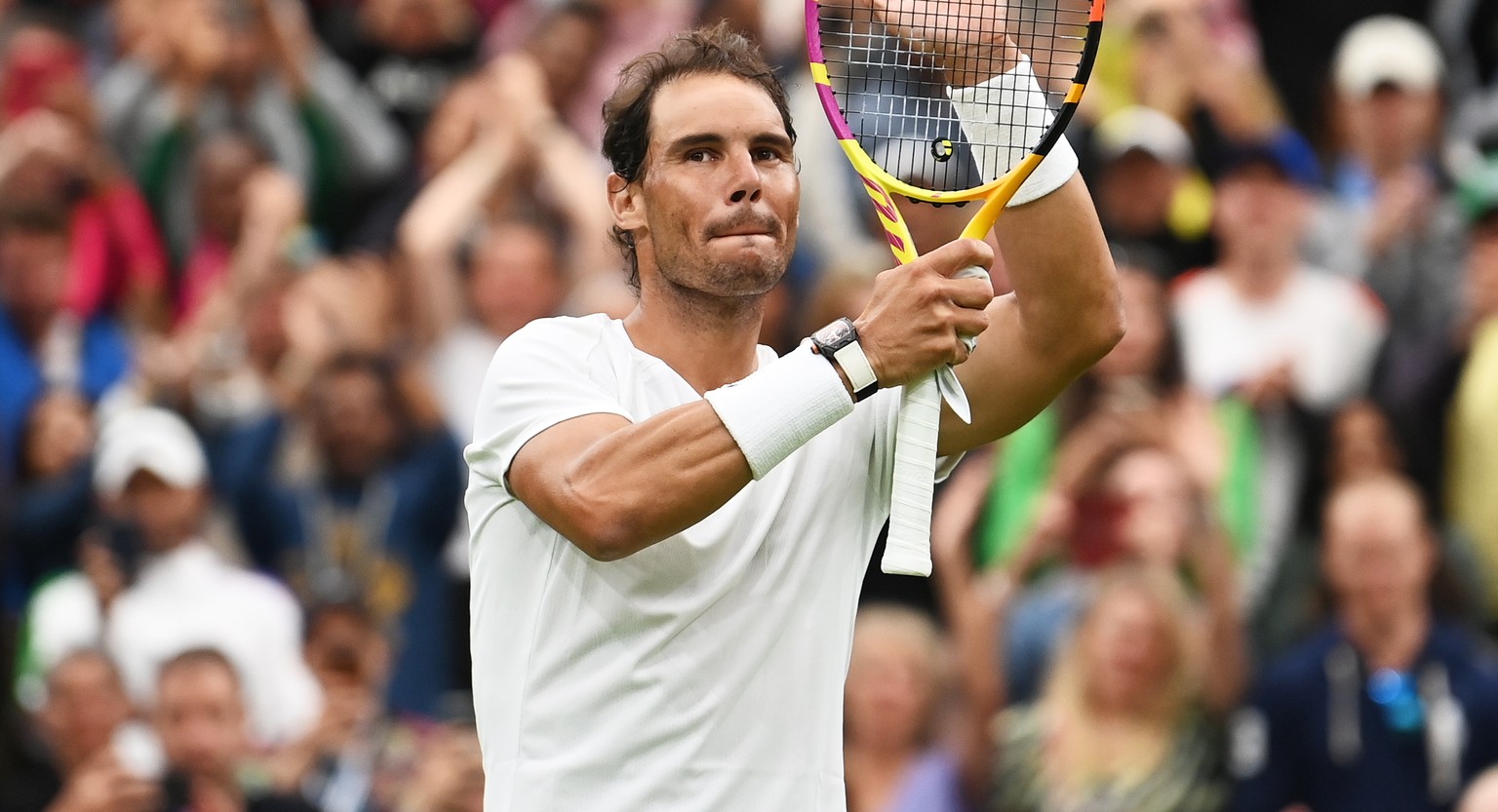 epaselect epa10044370 Rafael Nadal of Spain celebrates winning the men&#039;s second round match against Ricardas Berankis of Lithuania at the Wimbledon Championships, in Wimbledon, Britain, 30 June 2 ...