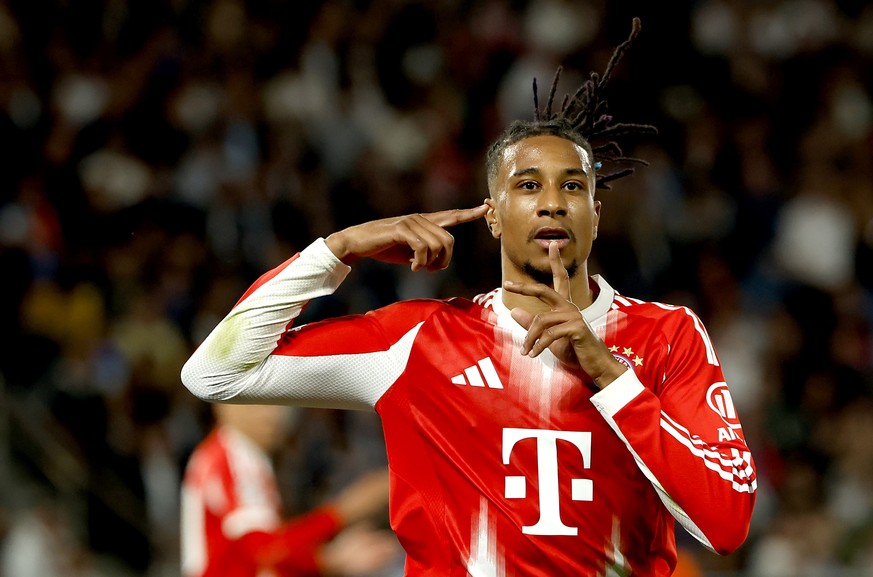 epa12920232 Michael Olise of Bayern celebrates after scoring his team's second goal during the UEFA Champions League semi-final match between Paris Saint-Germain and Bayern Munich in Paris, Franc ...