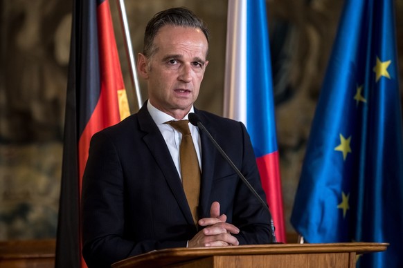 epa07882412 German Foreign Minister Heiko Maas attends a joint press conference following a meeting with Czech Foreign Minister Tomas Petricek (unseen) at the Czernin Palace, in Prague, Czech Republic ...