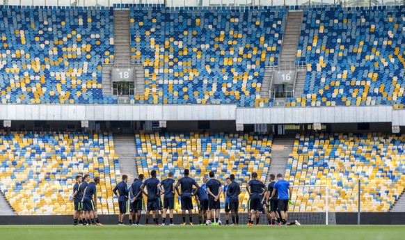 YB&#039;s players practice one day prior to the UEFA Champions League qualifier match between Ukraine&#039;s Dynamo Kyiv and Switzerland&#039;s BSC Young Boys, in the Olimpijskyj Stadium in Kiev, Ukra ...