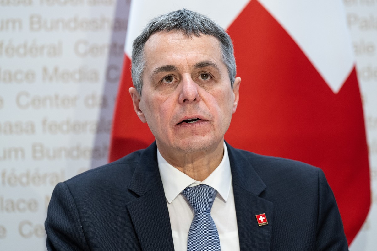 Swiss Federal President Ignazio Cassis speaks during a press conference in Bern, Switzerland, Monday, Feb. 28, 2022. The Swiss president says Russia