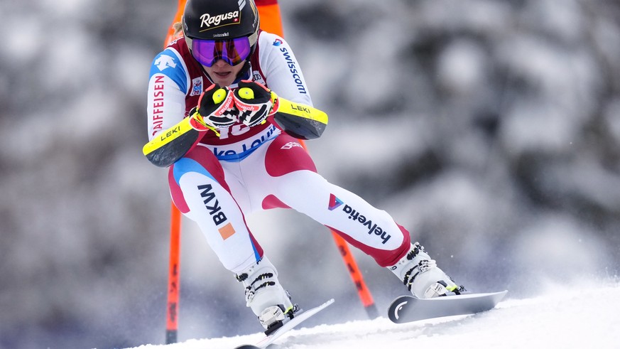 Lara Gut-Behrami, of Switzerland, skis down the course during the first women&#039;s World Cup downhill training run in Lake Louise, Alberta, on Tuesday, Nov. 30, 2021. (Frank Gunn/The Canadian Press  ...