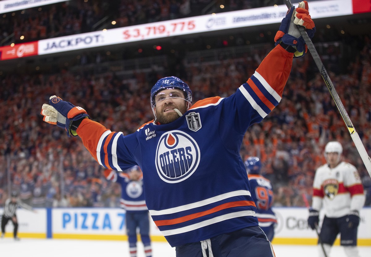 Edmonton Oilers' Leon Draisaitl (29) celebrates his game-winning goal against the Florida Panthers in the first overtime period in Game 1 of the NHL Stanley Cup final in Edmonton, Aberta, Wednesd ...